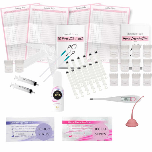 At Home Insemination Mega Kit: Includes 12 Insemination Syringes, 14 Specimen Cups, 2 Mixing Cannulas, 2 5ml Syringes, 1 Conception Cup, 1 Home Insemination Guide, 1 IUI/ICI Kit Guide, 6 Pregnancy and Ovulation Trackers, 100 David Ovulation Test Strips, and 50 David HCG Test Strips.
