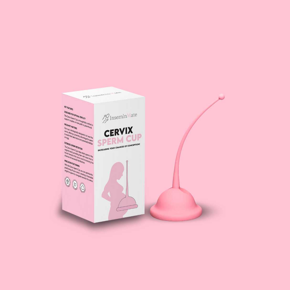 Cervix sperm cup or conception cup to increase chances of conceiving showing box and cervix sperm with a pink background